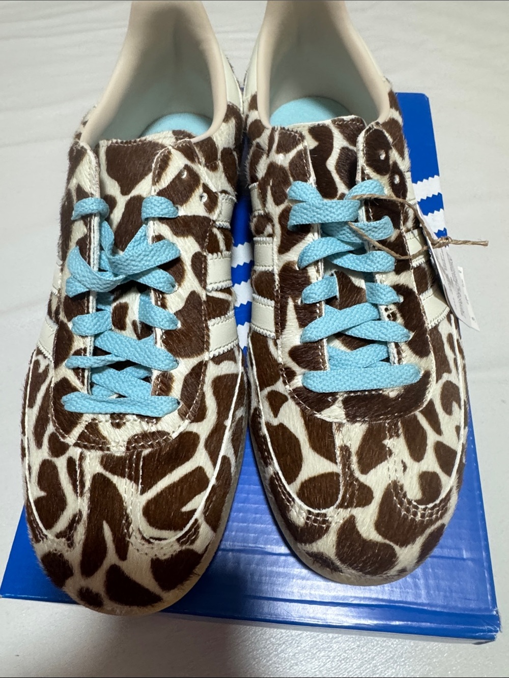 adidas Women's Brown and White Giraffe Print Sneakers with Light Blue Laces